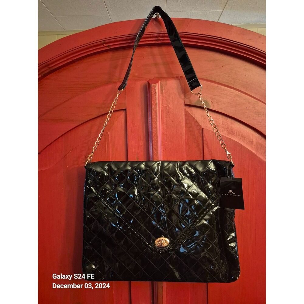 NWT Kim Kardashian Black Faux Patent Leather Rose Gold Satchel Laptop Purse GIFT
